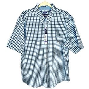 Chaps Easy Care Button Up Shirt XXL Blue White Orange Plaid Short Sleeves NWT